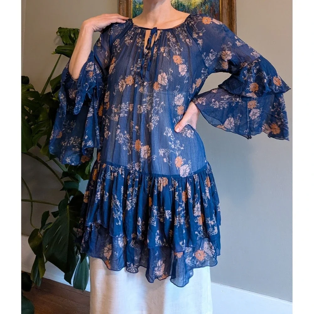 Free People Sunsetter Floral Ruffle Mini Dress Tunic Small Blue Sheer Festival